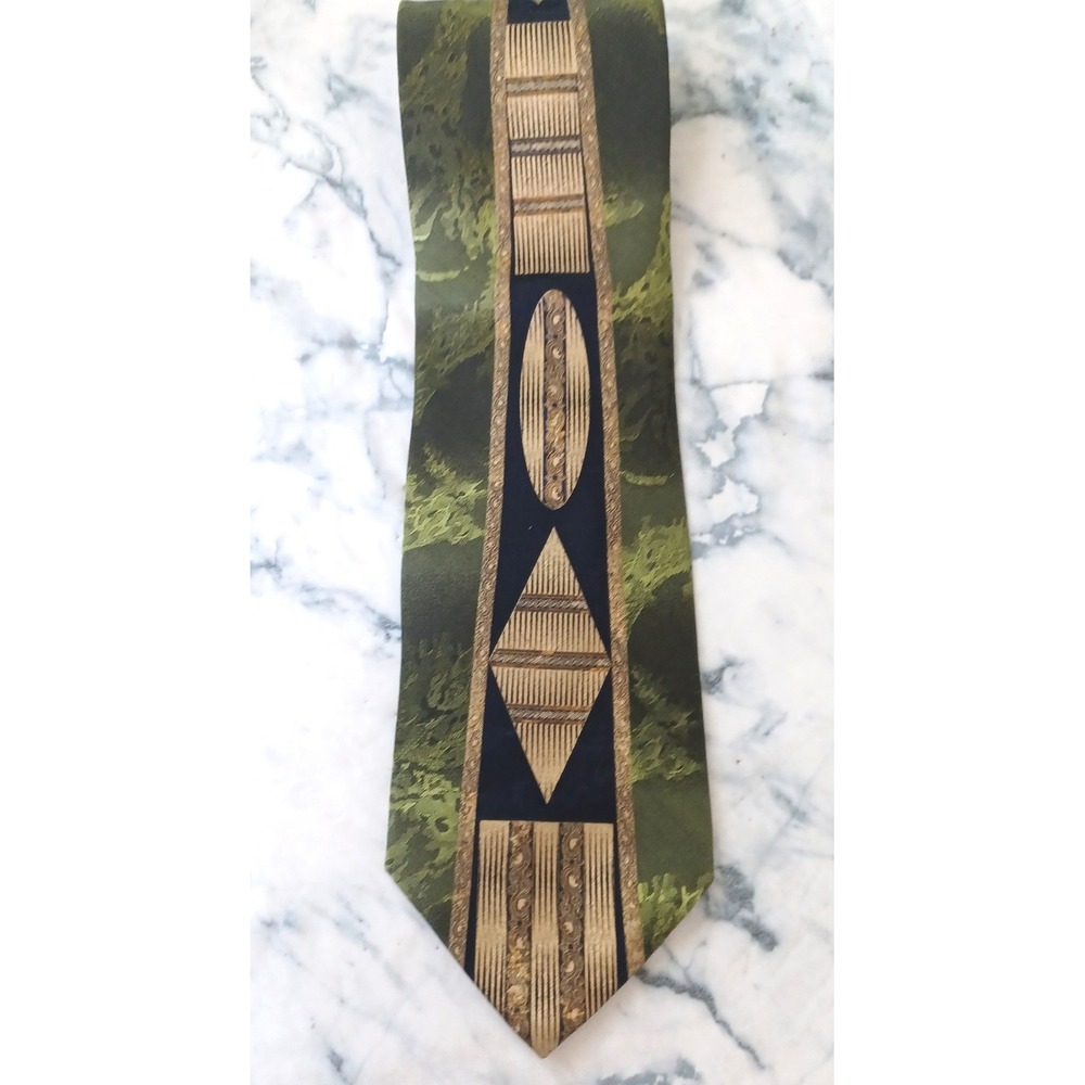 Fratelli 100% Silk Necktie Men Olive Green Gold Geometric Abstract Made in Italy